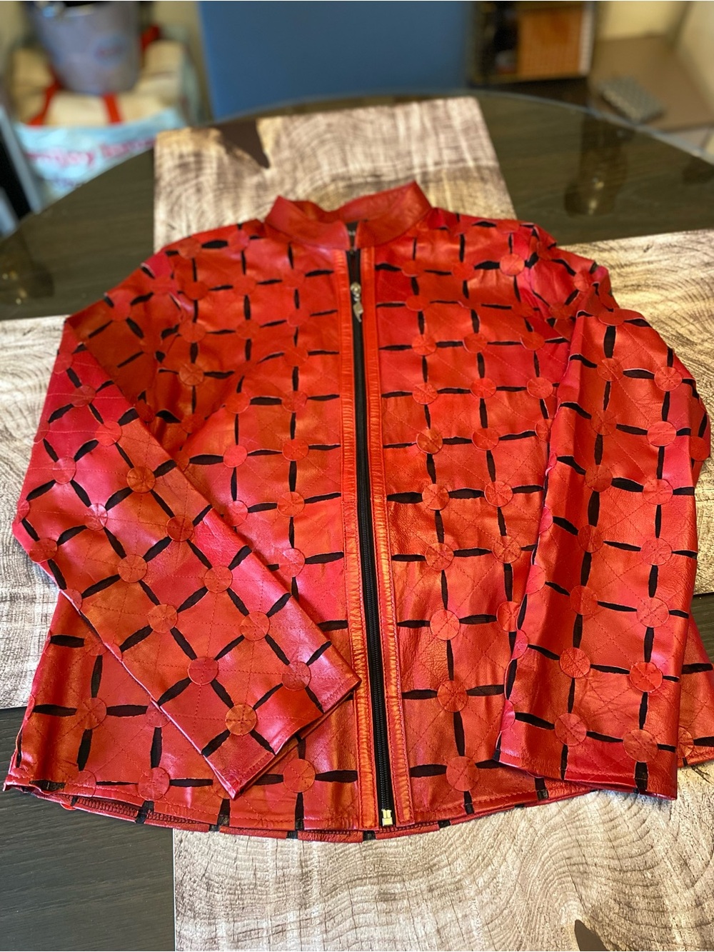Kushi Red Lambskin Leather Jacket with Zip Front